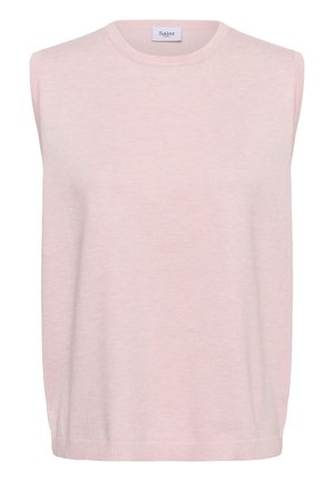 Vesta tricotată fără mâneci de culoare roz deschis, cu guler rotund și tiv striat, inscripționată Saint Tropez.