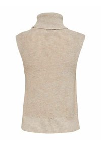 Beige gebreid gilet met een hoge hals, mouwloos ontwerp, geribbelde zoom en een gestructureerd patroon over de hele stof.
