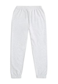 Lichtgrijze joggingsbroek van zachte stof, met een elastische tailleband en gathered manchetten bij de enkels. Simpel, zonder patronen of graphics.