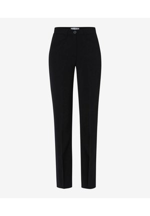 Pantalons noirs ajustés avec une coupe droite, dotés d'une fermeture à bouton, de poches avant et d'une texture lisse.
