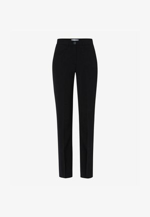 Pantalons noirs ajustés avec une coupe droite, dotés d'une fermeture à bouton, de poches avant et d'une texture lisse.