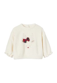 Cremefarbener Fleece-Pullover mit rundem Ausschnitt, der ein Rentiergesicht-Design zeigt. Verziert mit bunten karierten Schleifen und Geweihen.