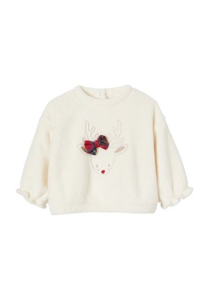 Cremefarbener Fleece-Pullover mit rundem Ausschnitt, der ein Rentiergesicht-Design zeigt. Verziert mit bunten karierten Schleifen und Geweihen.