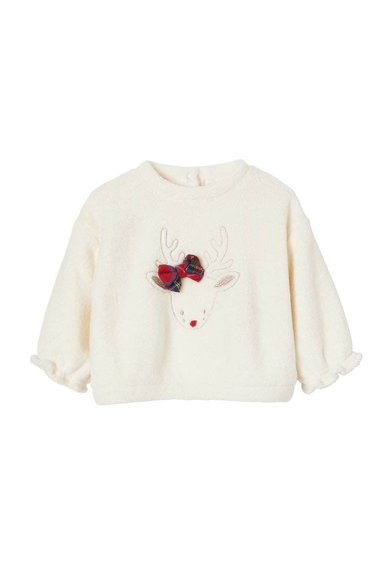 Cremefarbener Fleece-Pullover mit rundem Ausschnitt, der ein Rentiergesicht-Design zeigt. Verziert mit bunten karierten Schleifen und Geweihen.