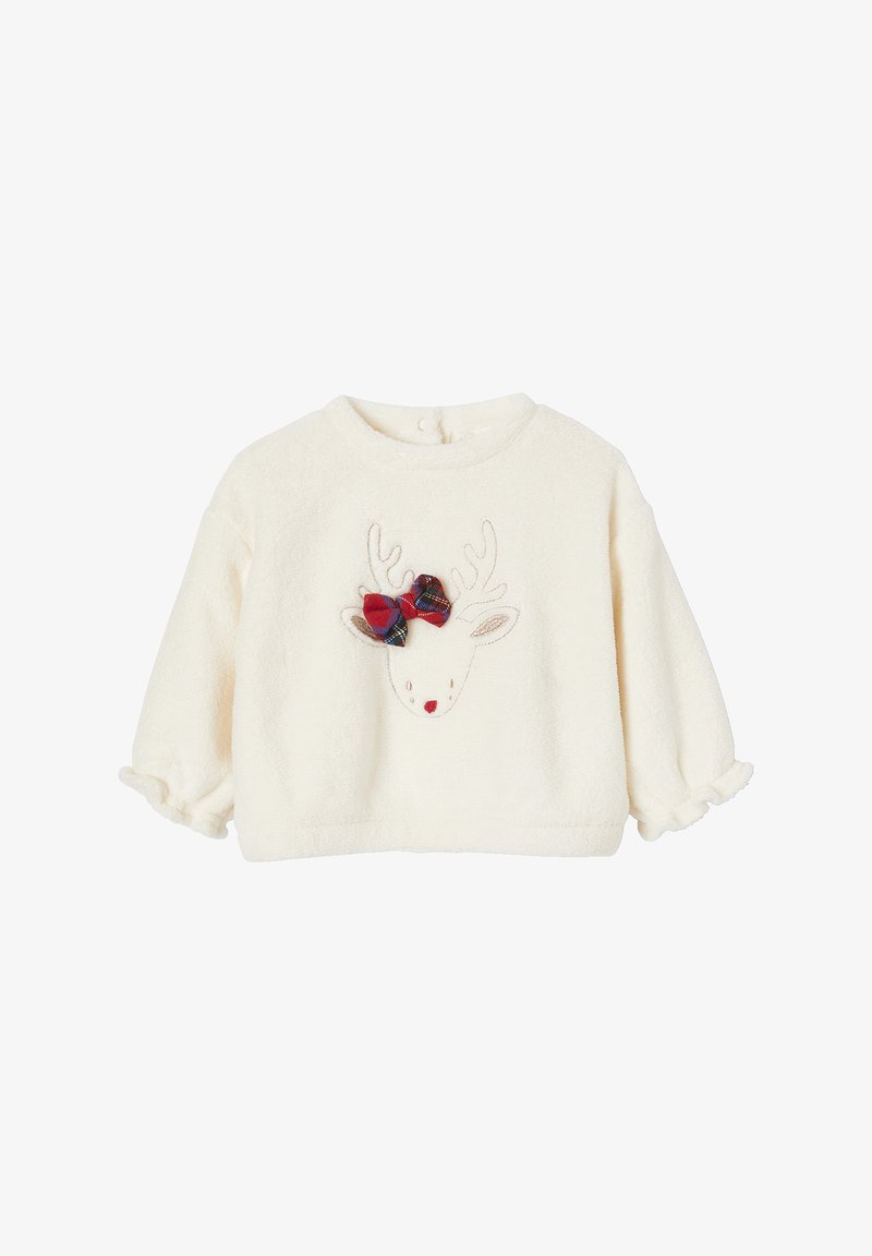 Cremefarbener Fleece-Pullover mit rundem Ausschnitt, der ein Rentiergesicht-Design zeigt. Verziert mit bunten karierten Schleifen und Geweihen.
