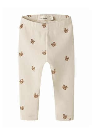 Beige babyleggings met een elastische tailleband en een patroon van kleine bruine eekhoorntjes over de hele stof.