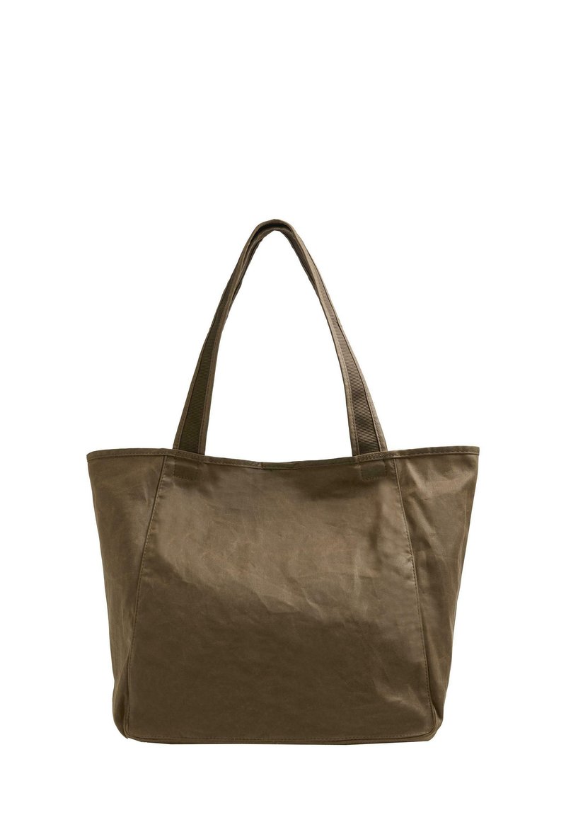 Olive green tote bag made of fabric with a smooth texture. Features two short handles and a spacious main compartment with no visible embellishments.