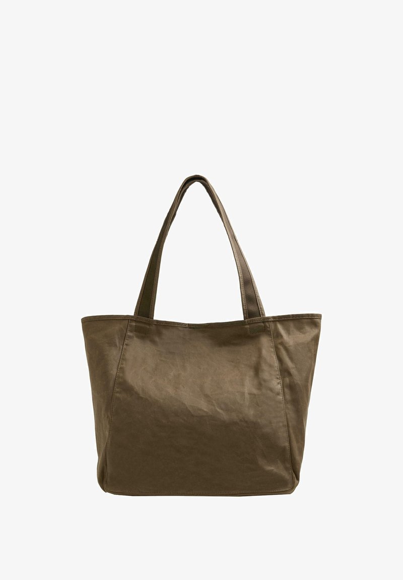 Olive green tote bag made of fabric with a smooth texture. Features two short handles and a spacious main compartment with no visible embellishments.