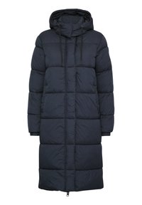 Navyblauwe lange pufferjas met capuchon, voorzien van een doorgestikt ontwerp, een voorkant met ritssluiting en verstelbare koorden. Zachte, lichte stof.