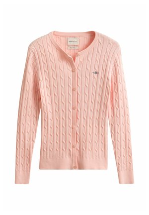 Light pink cable-knit cardigan with long sleeves, button-front closure, round neckline, and small embroidered logo on the chest.