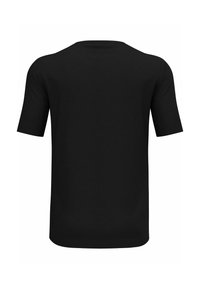 Schwarzes T-Shirt mit kurzen Ärmeln und rundem Ausschnitt. Aus weichem Stoff gefertigt, ohne Muster oder Grafiken. Schlichtes Design.