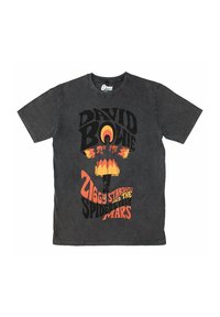 Black cotton T-shirt featuring bold, multicolored graphic print with "David Bowie" and "Ziggy Stardust" text and figure illustration.