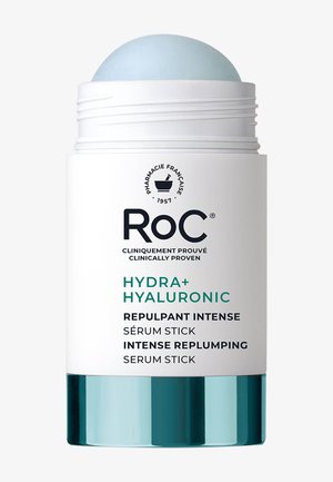Stick siero intensivo rimpolpante RoC Hydra+ con acido ialuronico, con tappo arrotondato azzurro chiaro e confezione bianca e verde acqua.