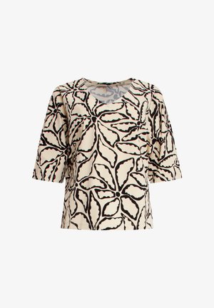 Korte mouw top gemaakt van lichte stof in crème, met een zwart en teal bladpatroon, een ronde halslijn en een relaxed fit.