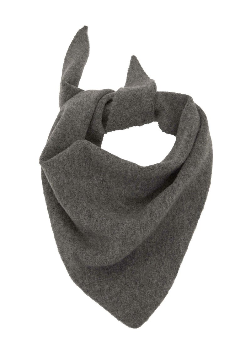 Grå uldscarf med en trekantet form, der har en blød tekstur og knyttede ender. Simpelt og alsidigt design, der passer til forskellige outfits.