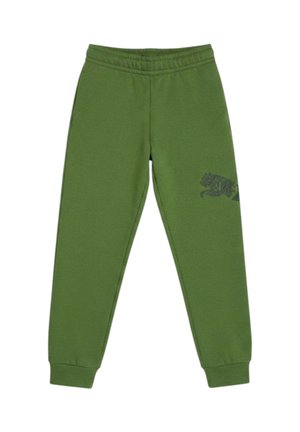 Pantaloni jogger verdi con vita elasticizzata e polsini alla caviglia, con una grafica sottile di una tigre verde scuro sulla coscia destra.