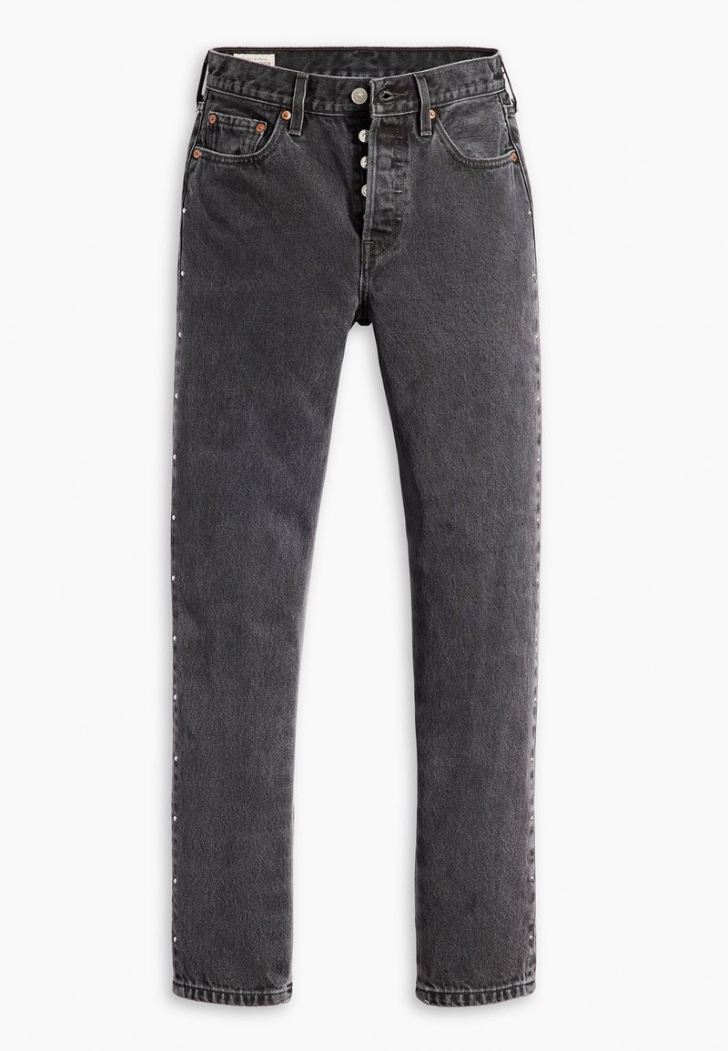 Jeans taille haute, coupe droite en denim gris foncé, avec une fermeture à bouton, des poches avant et des accents cloutés le long des coutures latérales.