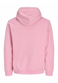 Vaaleanpunainen hupullinen svetari, jossa on sileä puuvillaseoskangas, resorit hihansuissa ja kengurutasku edessä, ilman näkyviä kuvioita.