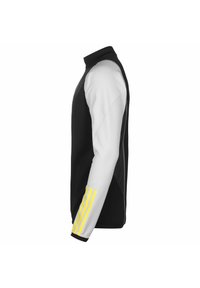 Zwart-witte jacket met een hoge kraag. De linkermouw heeft drie gele strepen. Getextureerde stof met een sportief ontwerp.