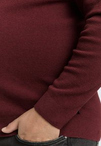 Burgunderfarbener strukturierter Pullover mit geripptem Bündchen, taillierter Form und einem kleinen seitlichen Schlitz. Der Stoff hat ein weiches, gewebtes Erscheinungsbild.