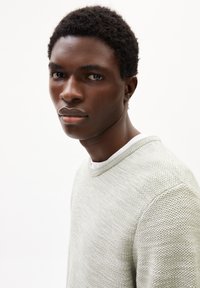 Hellgrüner, strukturierten Pullover mit Rundhalsausschnitt, über einem weißen Shirt getragen, präsentiert an einer Person mit kurzen, dunklen Haaren.