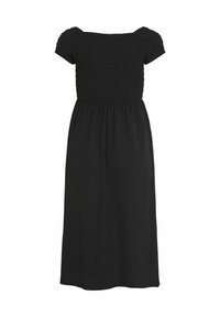 Schwarzes Kleid mit einem gerafften Oberteil und kurzen Ärmeln, das einen fließenden, bodenlangen Rock hat. Weicher Stoff mit einer glatten Textur.