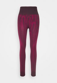 Legginsy w głębokim odcieniu maroon, z teksturowanym wzorem graficznym, wysokim stanem i długością do kostek, o dopasowanym kroju.