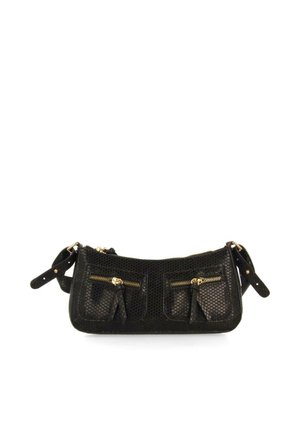 Sac à main noir texturé avec détail en mesh, comprenant deux poches zippées à l'avant et quincaillerie dorée. Bretelles ajustables de chaque côté.