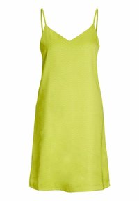 Vestido mini de satén en un brillante verde lima, con finas tirantes de espagueti, un escote en V y un sutil patrón texturizado en toda la prenda.