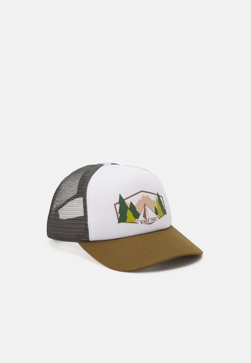 Trucker hat with a white front and brown bill. Features a graphic of green trees and a mountain, gray mesh back for breathability.
