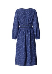 Vestito blu a maniche lunghe, lunghezza al ginocchio, con un motivo floreale tenue e cintura elastica in vita, mostrato da dietro.