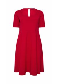 Czerwona sukienka z gładkiego materiału, z krótkim rękawem, kwadratowym dekoltem i wycięciem w kształcie łezki z tyłu. Sylwetka w kształcie litery A.
