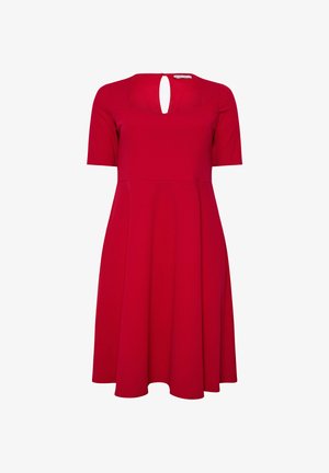 Rotes Kleid aus glattem Stoff, mit kurzen Ärmeln, quadratischem Ausschnitt und einem Schlüssellochdetail auf der Rückseite. A-Linie Silhouette.