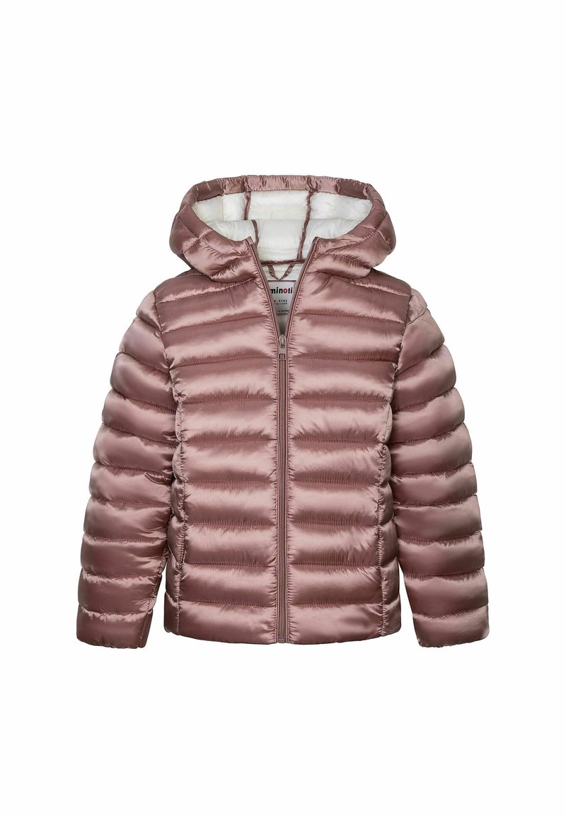 Veste légère rose clair, rembourrée, avec une capuche. Fabriquée en tissu brillant et lisse, comportant des sections matelassées horizontales et un zip à l'avant. Doublure blanche douce.