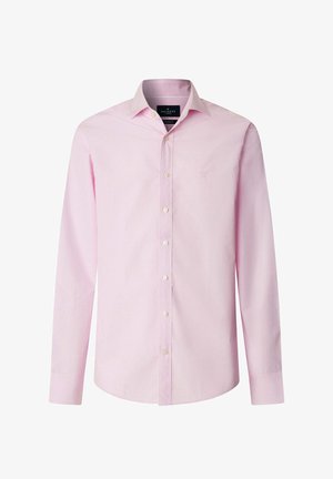 Herenoverhemd met lange mouwen in een getailleerde pasvorm, lichtroze met een subtiel ruitpatroon en een puntkraag.