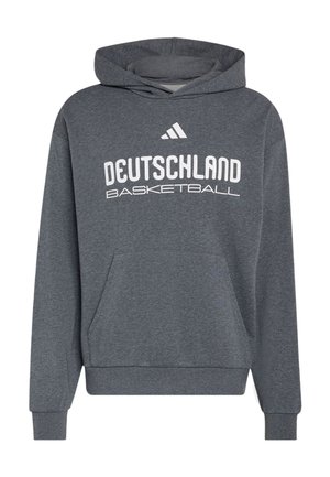 Dunkelgrauer Hoodie mit Fronttasche und weißem "Deutschland Basketball"-Text unter dem Adidas-Logo auf der Brust.