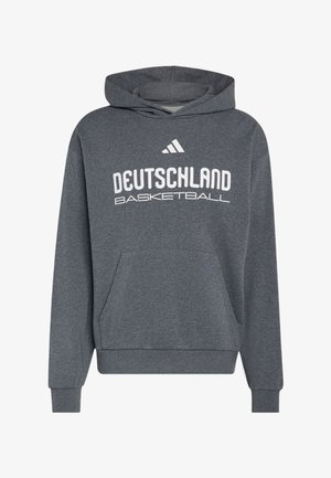 Dunkelgrauer Hoodie mit Fronttasche und weißem "Deutschland Basketball"-Text unter dem Adidas-Logo auf der Brust.