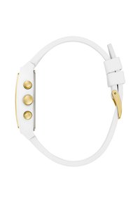 Montre intelligente blanche avec un cadran rectangulaire élégant, trois boutons dorés, un bracelet en silicone lisse et une boucle avec accents dorés.