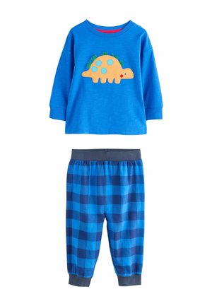 Blue long-sleeve shirt featuring a dinosaur applique, paired with blue and navy checkered pajama pants with an elastic waistband.