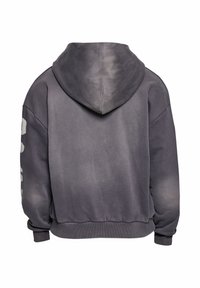 Sweat à capuche gris foncé vu de dos, avec épaules tombantes et bord-côtes aux poignets et à la taille.