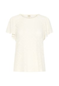 Balts īss piedurkņu adīts tops ar dimanta rakstu un viļņotām plīvura piedurknēm, apaļu kakla izgriezumu un vaļēju pieguļojumu.