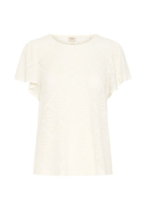 Biała krótka dzianinowa bluzka z krótkim rękawem o wzorze diamentowym, z falistymi rękawkami typu flutter, okrągłym dekoltem i luźnym krojem.