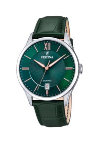 Reloj de cuarzo Festina con una esfera texturizada verde, caja plateada, marcadores de hora en oro rosa y correa de cuero de cocodrilo verde. Incluye indicador de fecha.