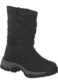 Schwarze wasserdichte Winterstiefel mit gestepptem Obermaterial, seitlichem Reißverschluss und strukturiertem Gummisohle für Halt. Aus synthetischen Materialien und robustem Design.