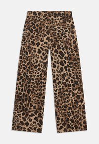 Široke hlače z rjavim, črnim in peščenim leopardskim vzorcem, ki imajo dve zadnji žepni in zanke za pas.