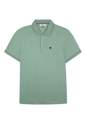 Polo a maniche corte verde salvia con colletto, apertura con due bottoni e piccolo logo di albero nero sul petto sinistro.