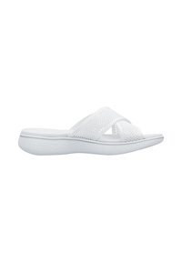 White slide sandal with cross-stitched, perforated straps; foam sole with textured bottom for grip; smooth upper and curved silhouette.