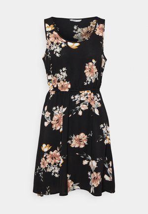 Schwarzes Blümchenkleid mit ärmellosem Design, das große Pfirsich- und weiße Blumen zeigt, eine taillierte Taille hat und einen ausgestellt Rock besitzt.