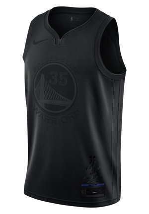 Czarna koszulka koszykarska Golden State Warriors z numerem 35, logo Nike oraz subtelnymi wytłoczonymi grafikami zespołu i trofeum.
