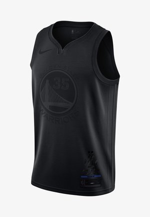 Maillot de basket noir des Golden State Warriors avec le numéro 35, logo Nike, et des graphismes discrets en relief de l'équipe et du trophée.